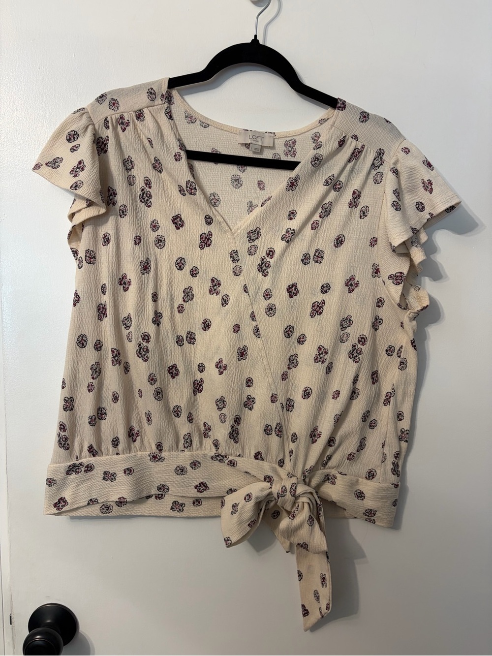 LOFT Cream Tie-Front Flutter Sleeve Blouse with Purple Floral Print